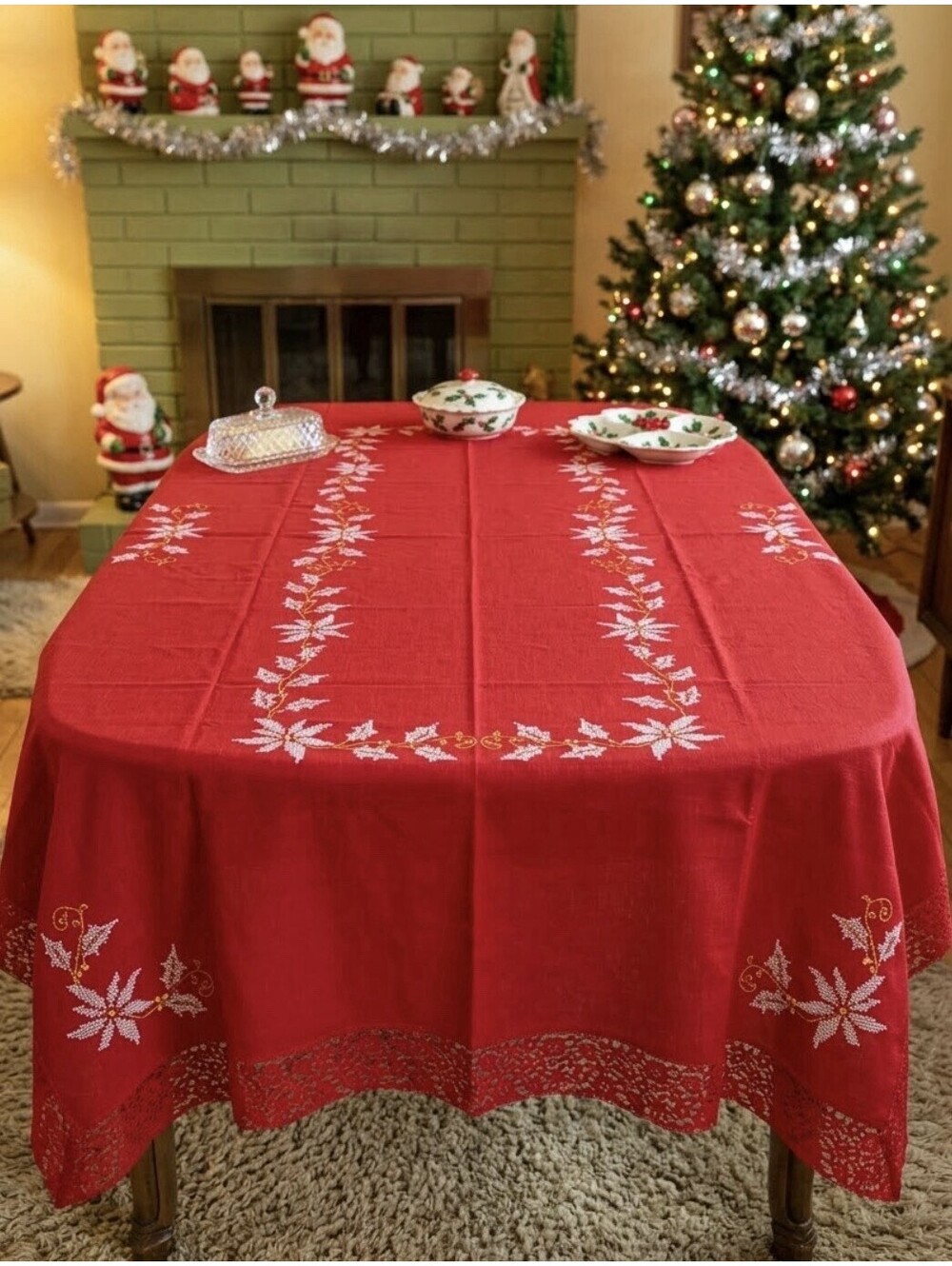 VTG 80s Christmas Tablecloth Red Embroidered White Poinsettia Oblong 68x122” New